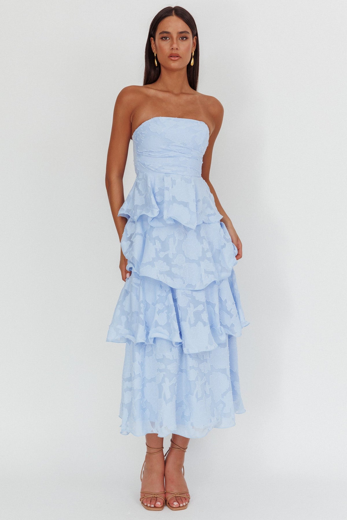 Giavana Strapless Layered Midi Dress Floral Embossed Blue